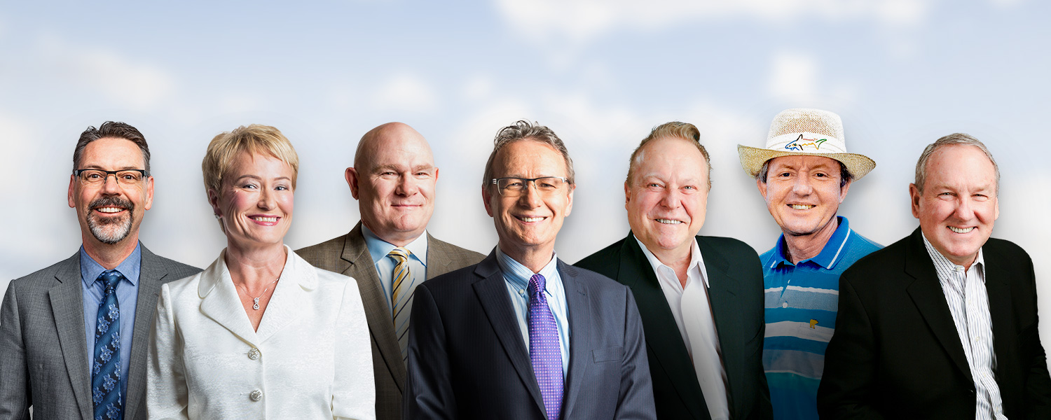 Image showing CAM LLP alumni lawyers. From left to right: Bill Hendsbee, K.C., Fran Zinger, Ron Jewitt, George Somkuti, Ron Cummings, K.C., Don Andrews, K.C., and Frank Mackay